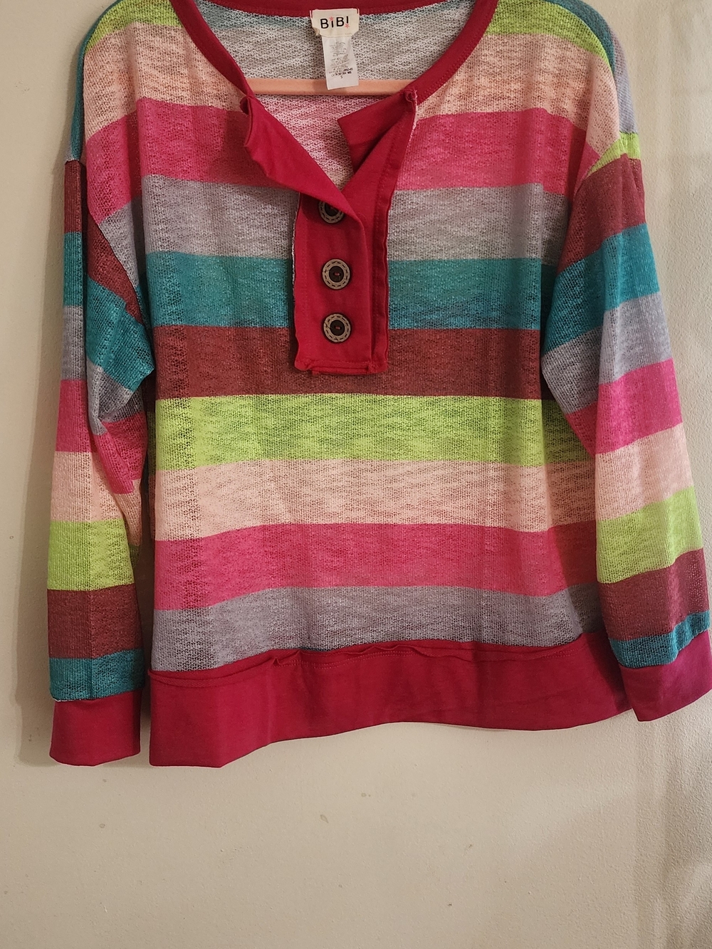 BiBi Multicolor Striped Henley Pullover with Button Placket